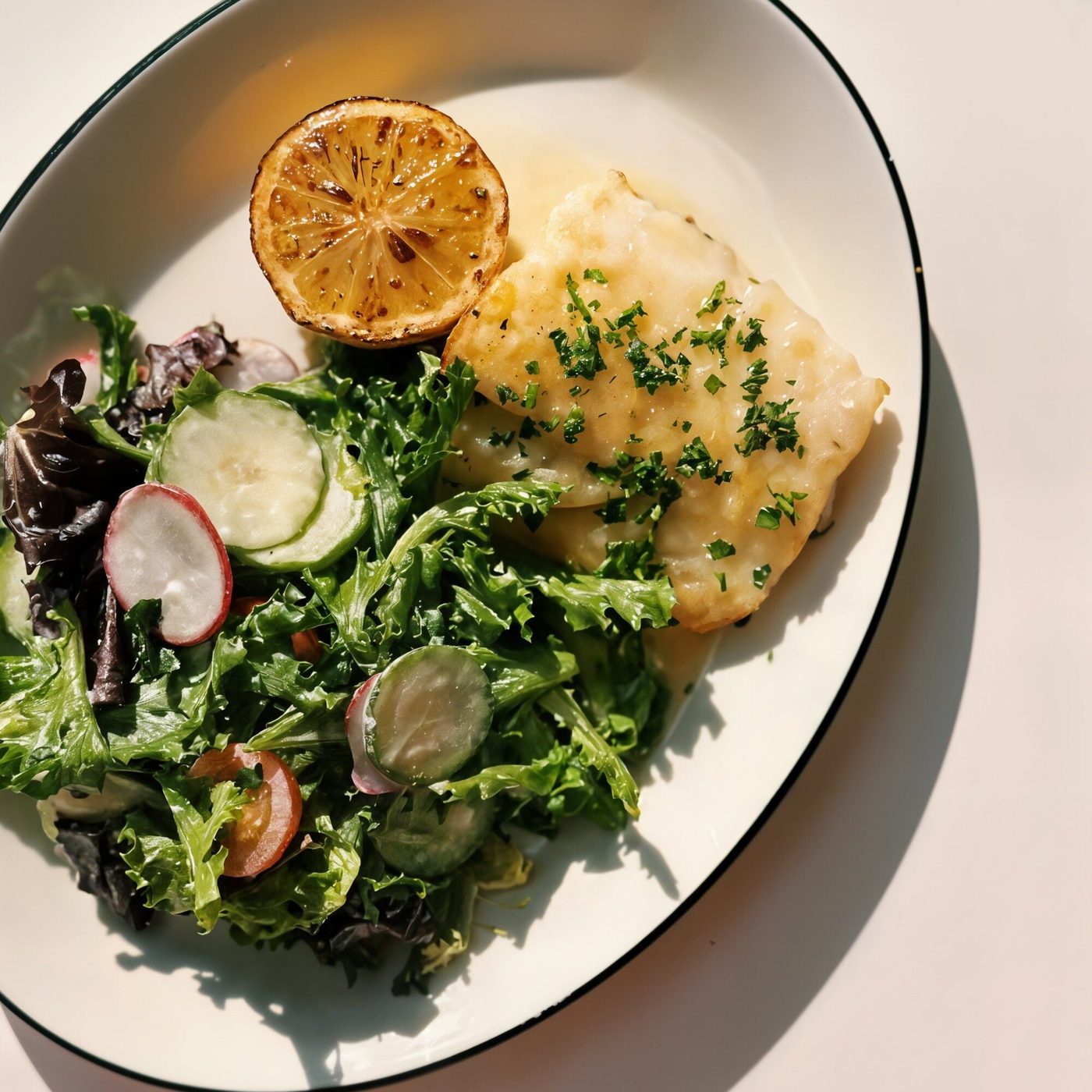 Pan-seared fish with charred lemon and radish salad