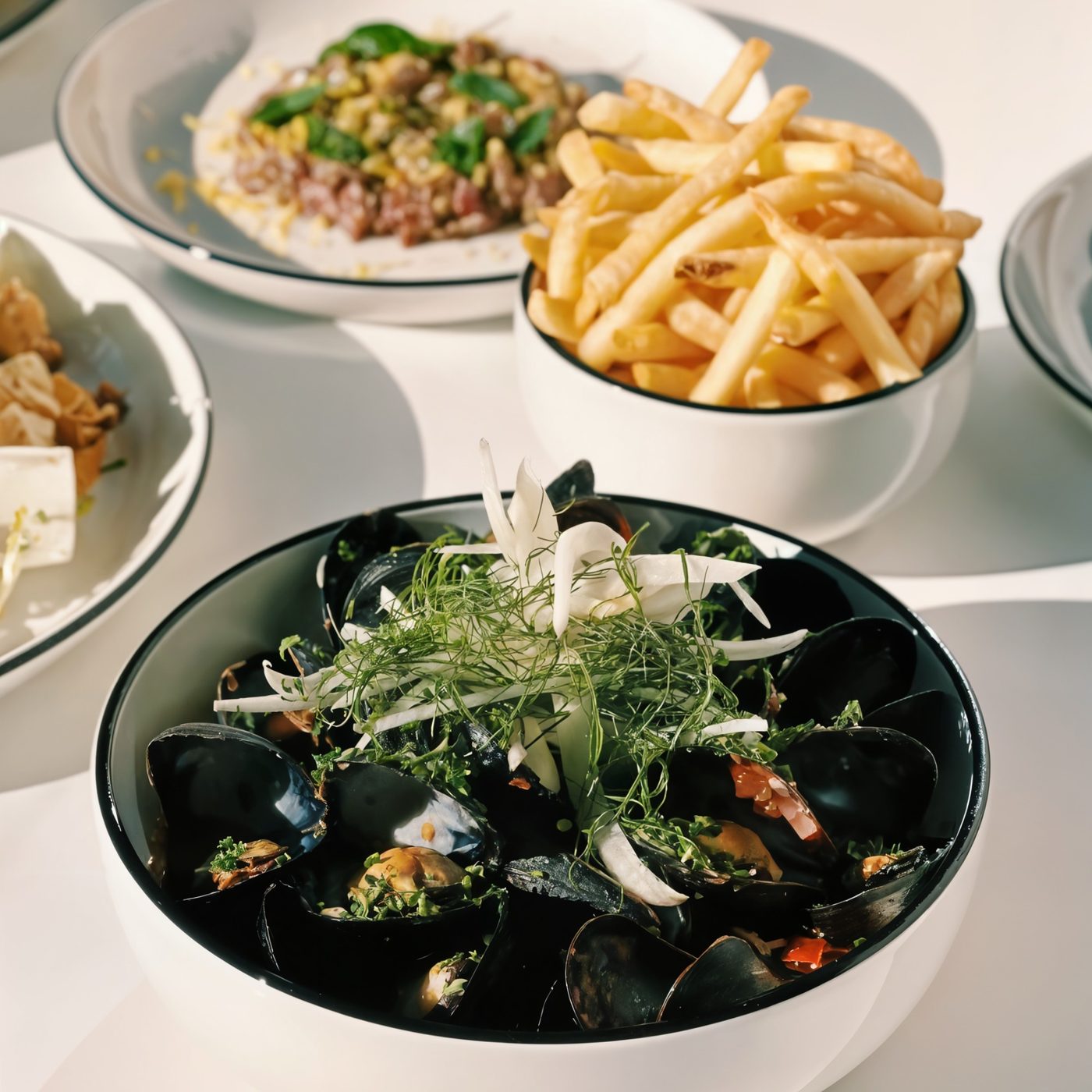 Mussels with herbs and fennel alongside fries at Tiny Grocer Café